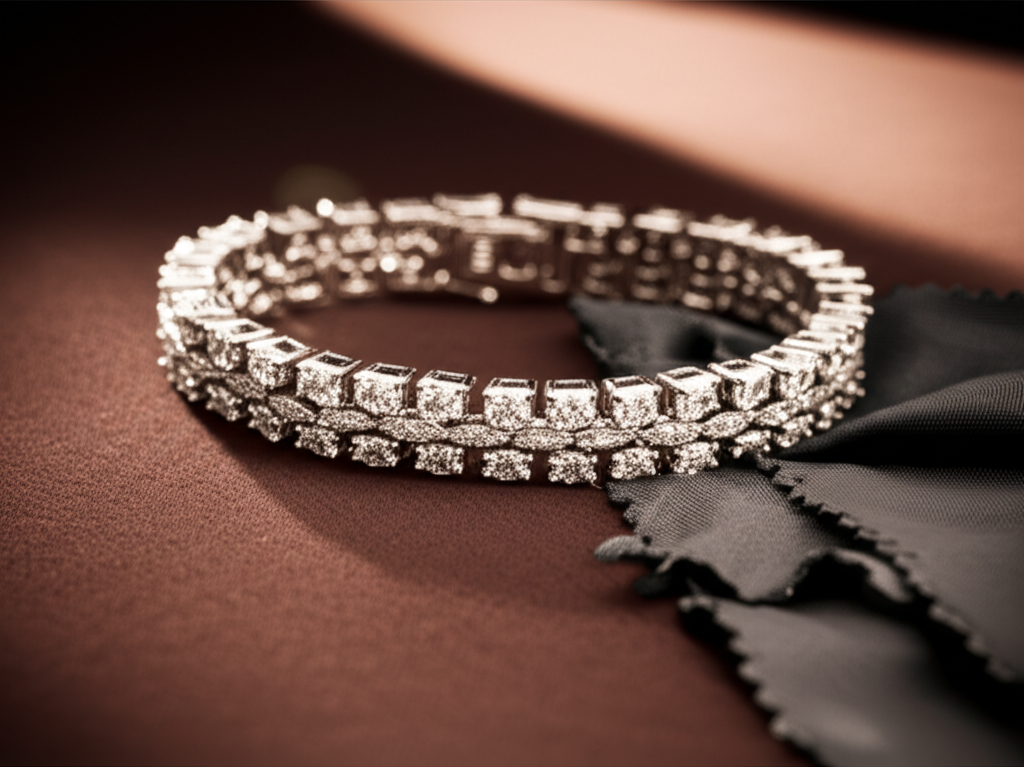 Ảnh cận cảnh vòng tay kim cương nam trên nền vải nhung, gợi ý vừa được lau chùi.