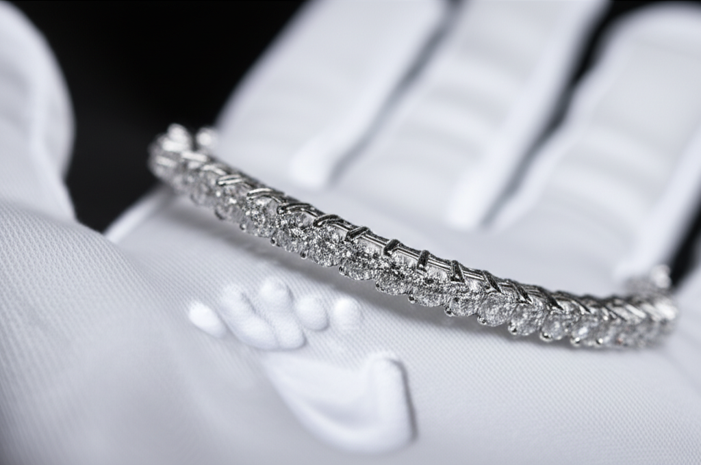 Tư vấn chọn vòng tay kim cương theo cổ tay 7 Ảnh cận cảnh vòng tay kim cương đặt trên khăn mềm trắng.
