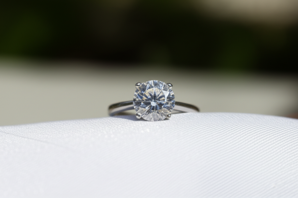 Ảnh cận cảnh một chiếc nhẫn kim cương đang nằm trên một miếng vải mềm, gợi ý vừa được lau sạch.