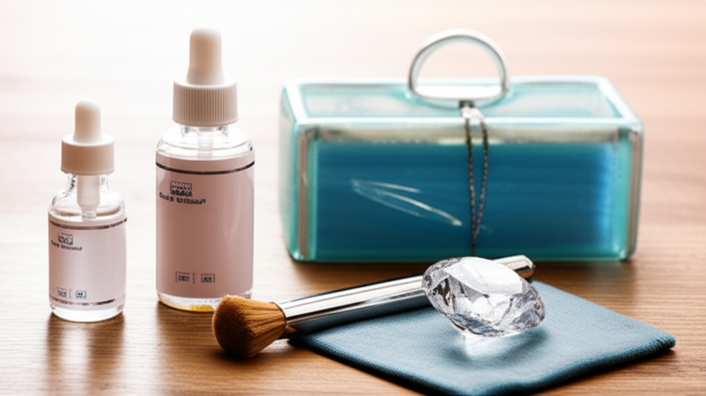 Hình ảnh bộ dụng cụ vệ sinh trang sức kim cương bao gồm bàn chải mềm, dung dịch vệ sinh và khăn lau trên bàn gỗ.