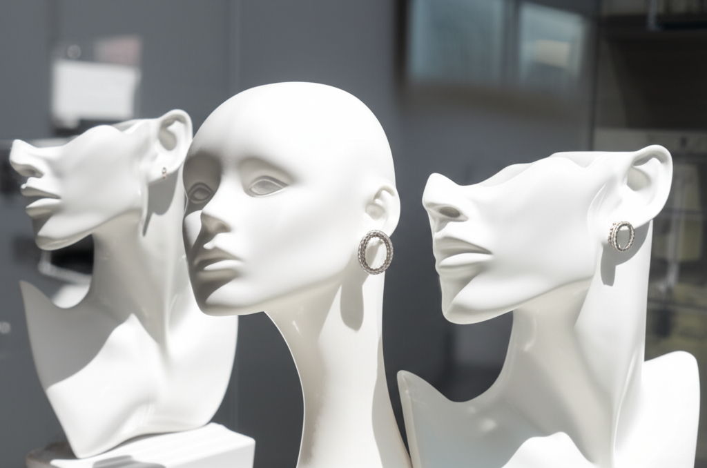 Ảnh chụp cận cảnh ba đôi bông tai kim cương tối giản khác nhau, được trưng bày trên manơcanh có khuôn mặt tròn, vuông và trái xoan.