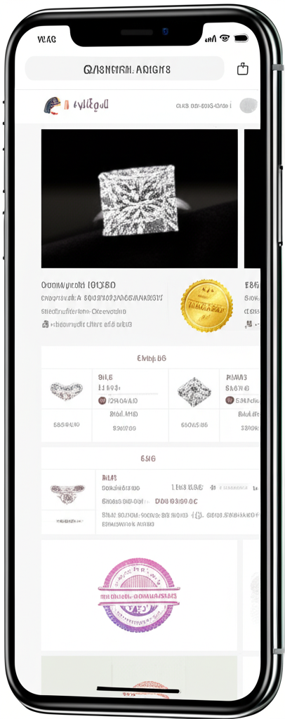 Lưu ý khi chọn bông tai kim cương online với mua bông tai online 4 Ảnh chụp màn hình điện thoại với trang web bán trang sức kim cương, thông tin chi tiết và chứng nhận chất lượng.