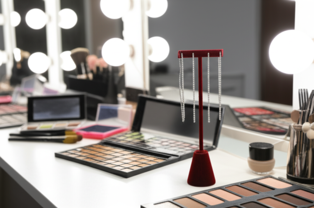 Ảnh chụp studio trang điểm chuyên nghiệp với bông tai kim cương dáng dài được trưng bày trên giá.