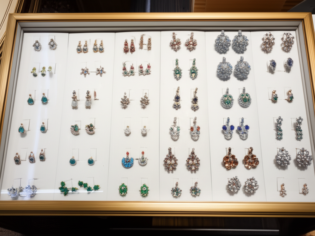 Bí quyết chọn bông tai kim cương cho nàng da ngăm với bông tai cho da ngăm 4 Hình ảnh bộ sưu tập bông tai kim cương với nhiều kiểu dáng và màu sắc khác nhau được trưng bày trên kệ sang trọng.