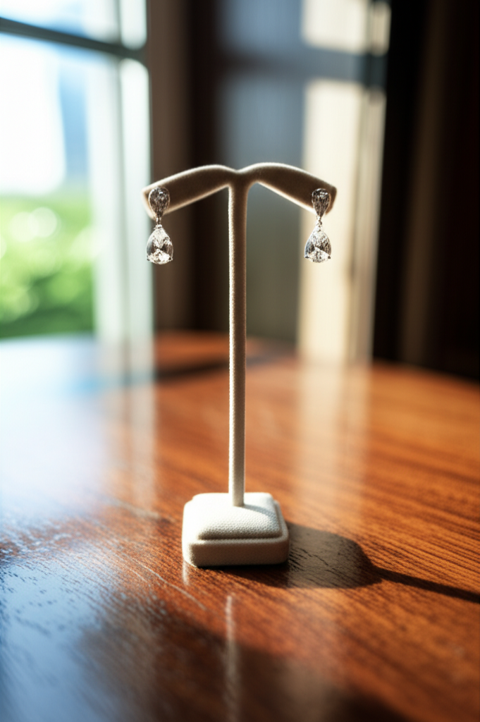 Hình ảnh cận cảnh đôi bông tai kim cương hình giọt nước được trưng bày trên giá đỡ trang sức bằng nhung, đặt trên bàn gỗ sáng bóng.