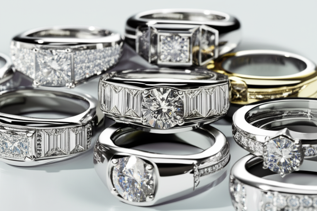 Hình ảnh cận cảnh các mẫu nhẫn kim cương nam với nhiều kiểu dáng và chất liệu khác nhau, bao gồm vàng trắng, vàng vàng và platinum.
