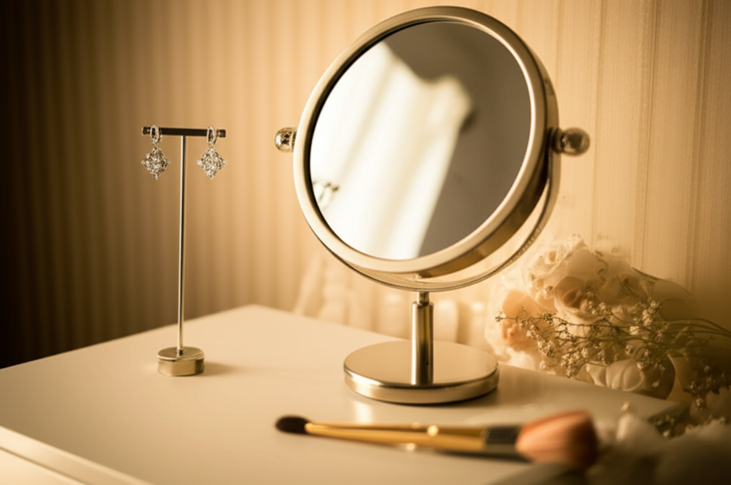 Ảnh chụp cận cảnh một đôi bông tai kim cương lấp lánh được đặt trên bàn trang điểm trước gương.