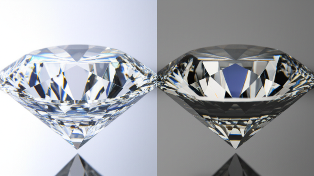 Ảnh chụp cận cảnh so sánh độ lấp lánh của hai viên kim cương với giác cắt Excellent và Poor.