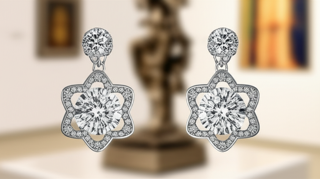 Ảnh chụp cận cảnh đôi bông tai kim cương thiết kế độc đáo, trưng bày trong không gian nghệ thuật tinh tế.