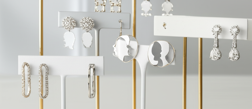 Hình ảnh cận cảnh bông tai kim cương với nhiều kiểu dáng, được trưng bày trên kệ.