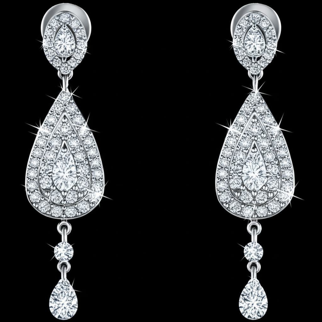 Ảnh cận cảnh đôi bông tai kim cương dáng dài, thiết kế tinh xảo với nhiều viên kim cương nhỏ, tạo hiệu ứng lấp lánh.