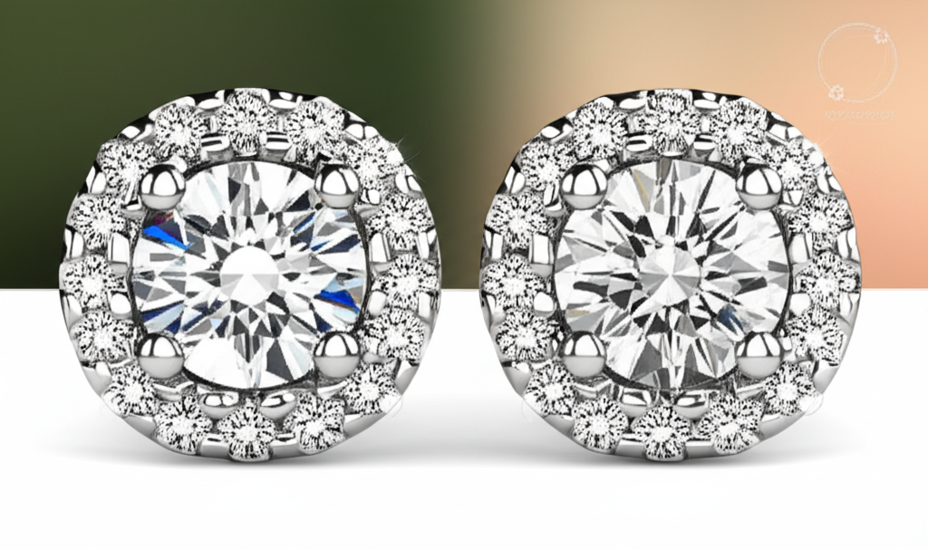 Ảnh cận cảnh đôi bông tai kim cương Halo với viên kim cương chủ đạo lớn và vòng kim cương nhỏ bao quanh.