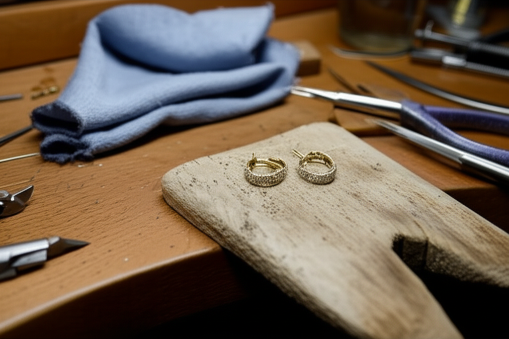 Ảnh cận cảnh bàn làm việc của thợ kim hoàn, tập trung vào các công cụ và bông tai kim cương đang trong quá trình chế tác.