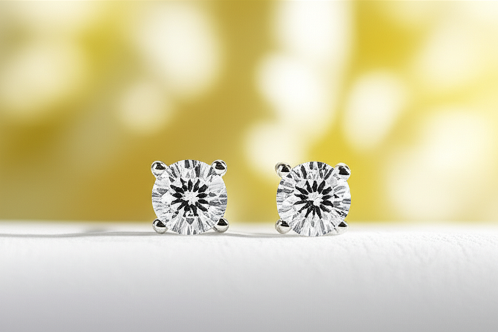 Ảnh cận cảnh đôi bông tai kim cương nụ lấp lánh, thiết kế thanh lịch.