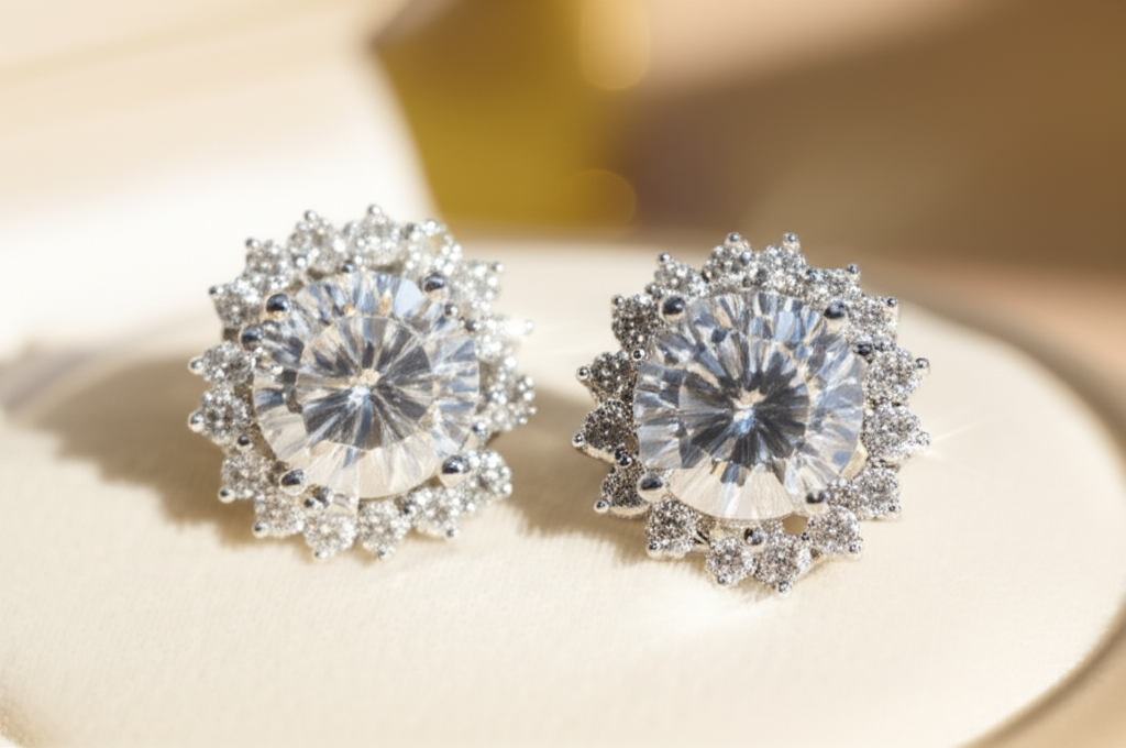 Bông tai kim cương cổ điển lấp lánh trên nền nhung.