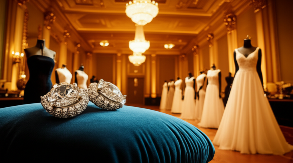 Bông tai kim cương và sự sang trọng trong sự kiện với bông tai kim cương sang trọng 3 Ảnh chụp không gian một sự kiện dạ tiệc lộng lẫy, tập trung vào trang trí và ánh sáng, không có người.