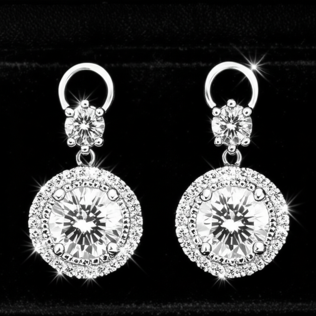 Ảnh cận cảnh đôi bông tai kim cương lấp lánh.