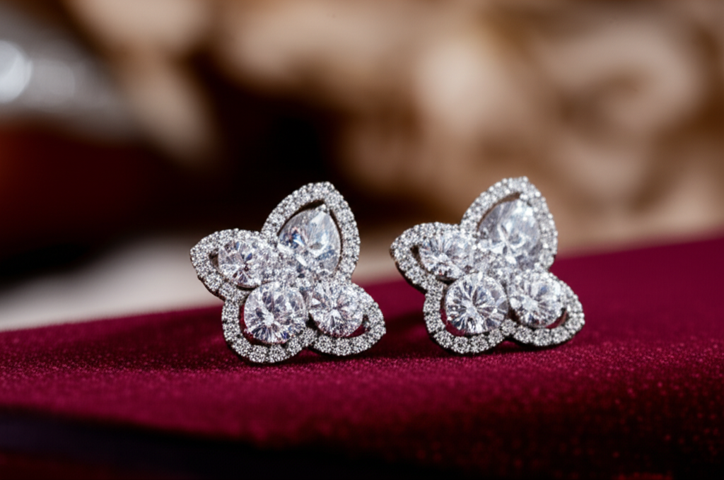 Đôi bông tai kim cương lấp lánh trong không gian sang trọng.