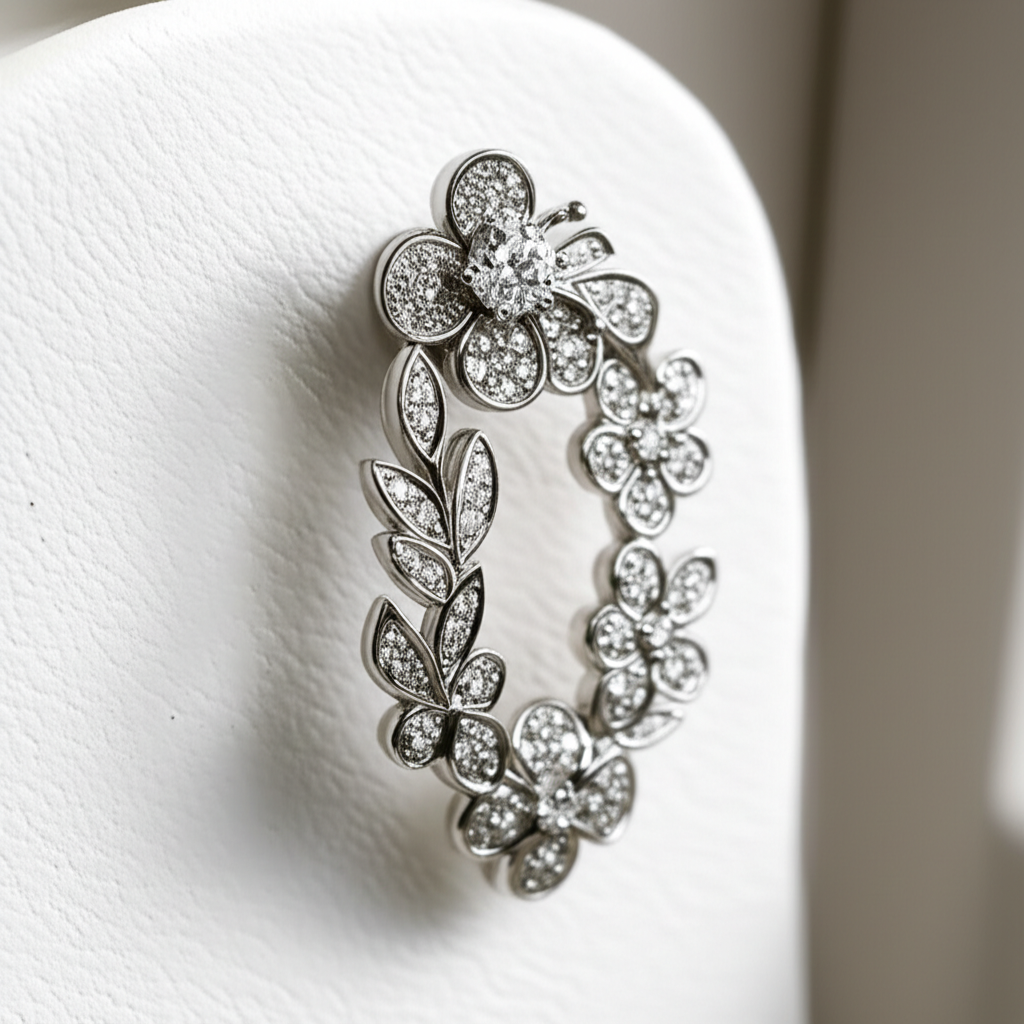 Ảnh cận cảnh bông tai kim cương với thiết kế hoa lá tinh xảo.