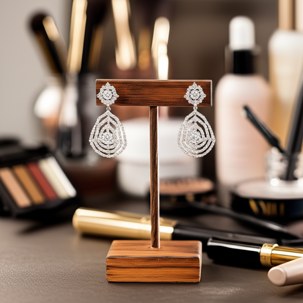 Ảnh cận cảnh đôi bông tai kim cương lấp lánh.