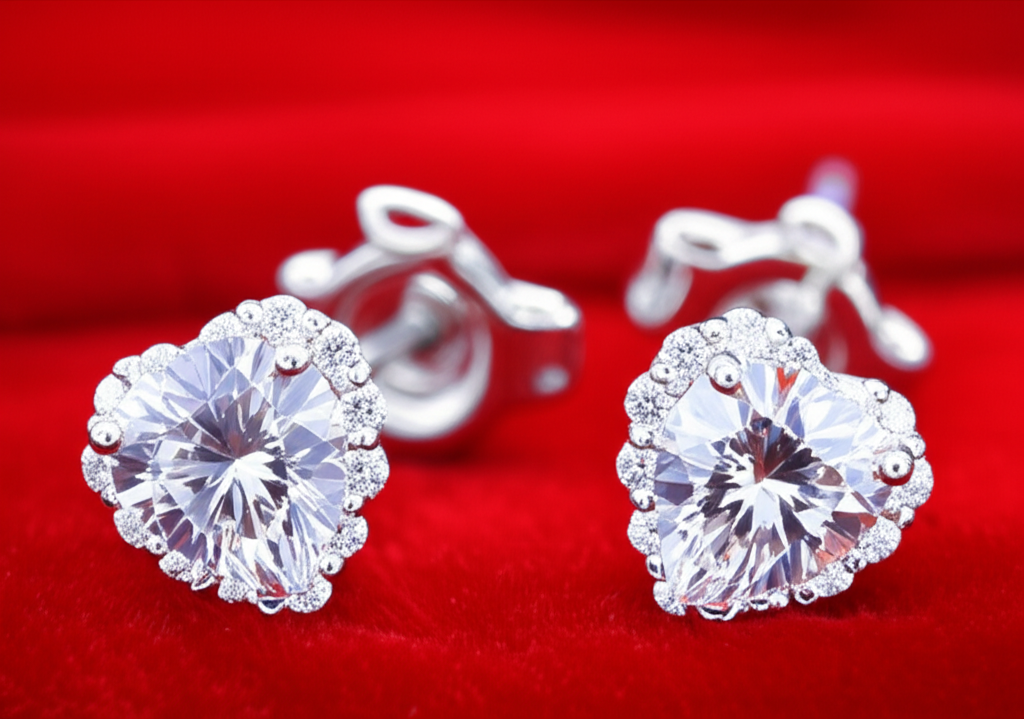 Ảnh cận cảnh đôi bông tai kim cương hình trái tim.