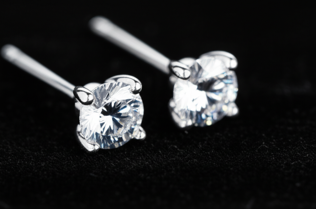 Ảnh cận cảnh đôi bông tai kim cương lấp lánh trên nền nhung đen.