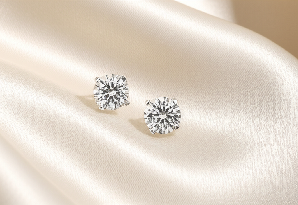 Bông tai kim cương lấp lánh trên nền lụa mềm mại.