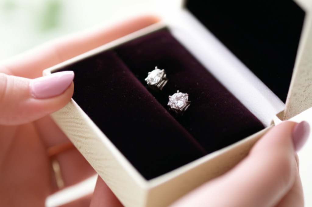 Ảnh chụp cận cảnh đôi tay đang mở hộp quà, bên trong là đôi bông tai kim cương lấp lánh trên nền nhung.