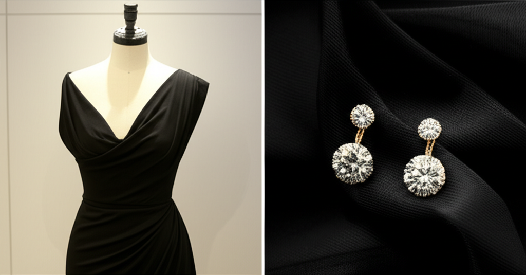 Ảnh cận cảnh váy đen và đôi bông tai kim cương nhỏ, sang trọng.