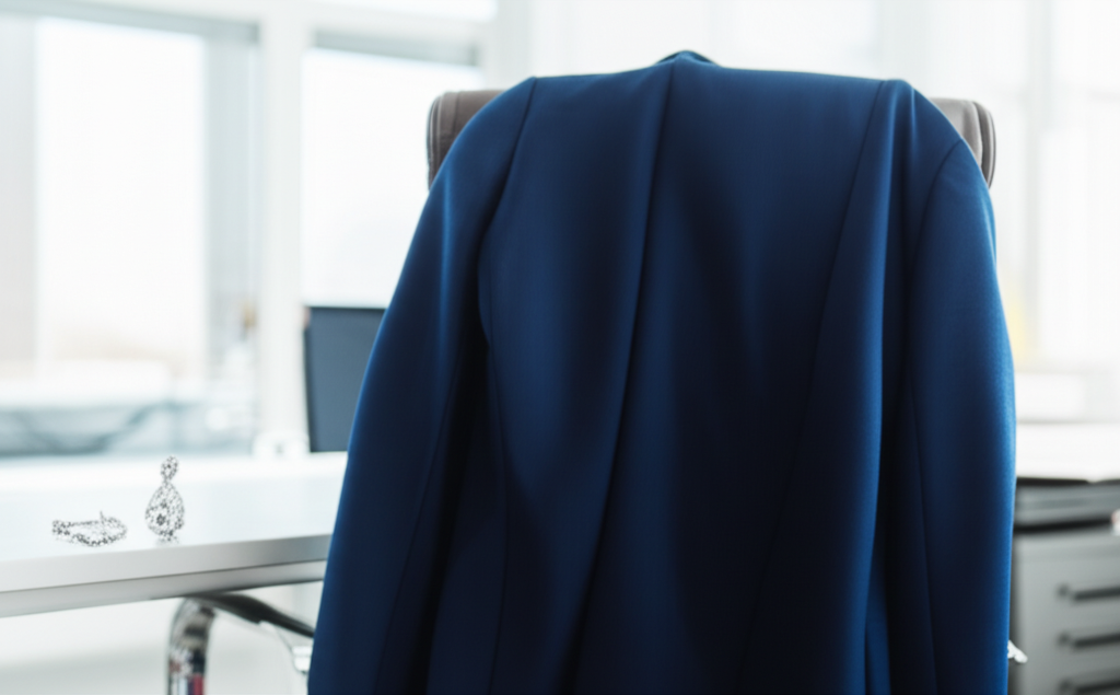 Ảnh chụp một chiếc váy công sở màu xanh navy và đôi bông tai kim cương hình giọt nước lấp lánh đặt trên bàn trong bối cảnh văn phòng hiện đại.