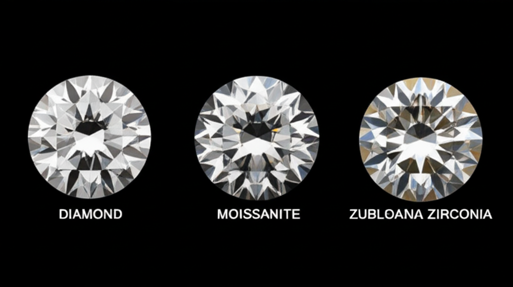 Ảnh so sánh sự khác biệt về độ lấp lánh giữa kim cương, Moissanite và Cubic Zirconia.