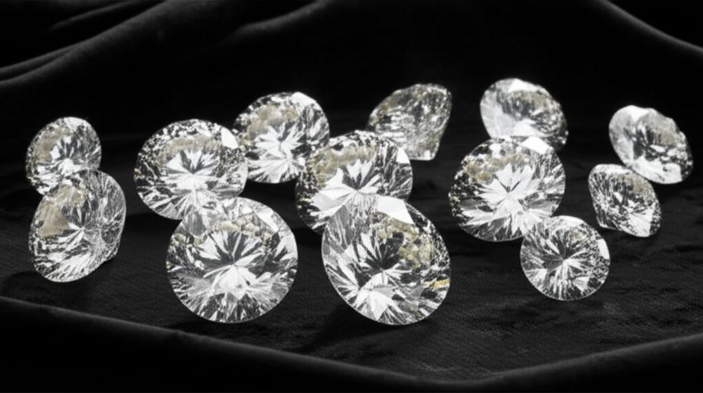Hình ảnh cận cảnh bộ sưu tập kim cương với nhiều kích cỡ, màu sắc và hình dạng khác nhau, đặt trên nền nhung đen.
