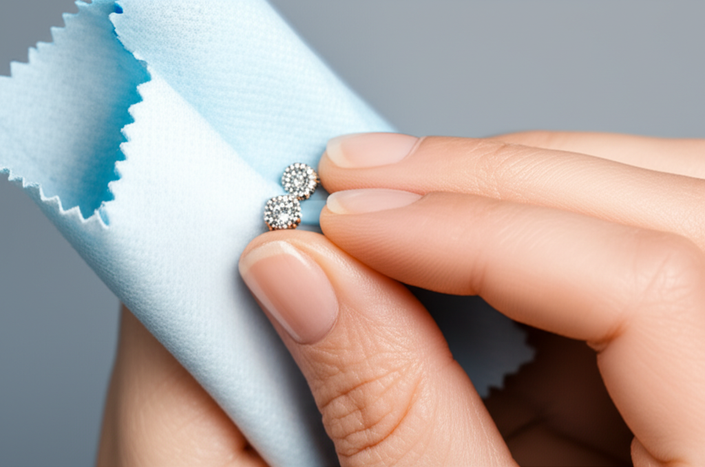 Ảnh cận cảnh bàn tay đang lau đôi bông tai kim cương tối giản bằng vải mềm.