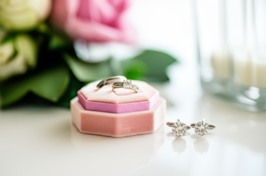 Ảnh cận cảnh nhẫn cưới kim cương trên gối nhung và măng sét kim cương, tạo không khí sang trọng.