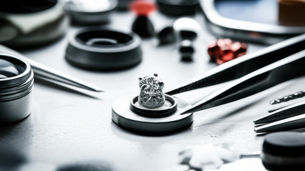 Lưu ý khi chọn bông tai kim cương online với mua bông tai online 8 Ảnh chụp cận cảnh bàn làm việc của một người thợ kim hoàn, với các công cụ và viên kim cương đang chế tác.