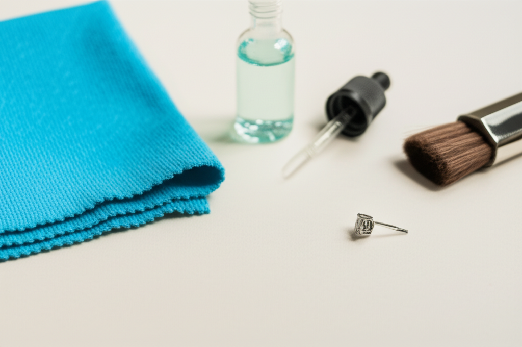Ảnh chụp cận cảnh bộ dụng cụ vệ sinh trang sức, bao gồm khăn mềm, dung dịch làm sạch và bàn chải nhỏ, cùng với một bông tai kim cương.