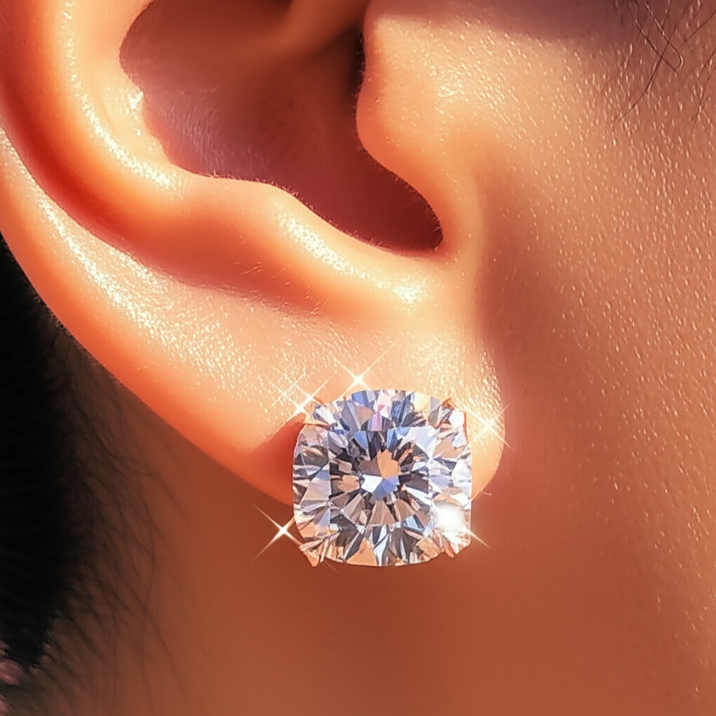 Bí quyết chọn bông tai kim cương cho nàng da ngăm với bông tai cho da ngăm 5 Ảnh cận cảnh đôi bông tai kim cương vàng hồng lấp lánh trên da.