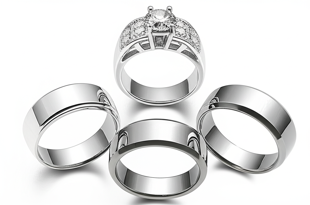 Ba chiếc nhẫn kim cương nam làm từ vàng trắng, bạch kim và titanium, chụp cận cảnh.