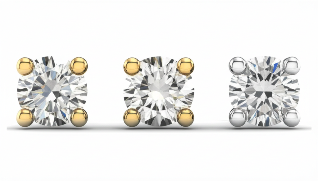 Ảnh chụp ba đôi bông tai kim cương với оправ vàng trắng, vàng vàng và bạch kim, đặt cạnh nhau trên nền sáng.