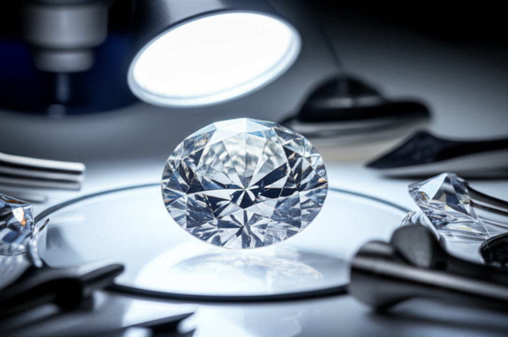 Chọn bông tai kim cương theo phong thủy với bông tai phong thủy 7 Hình ảnh viên kim cương đang được chiếu sáng, xung quanh là các dụng cụ kiểm định chất lượng.