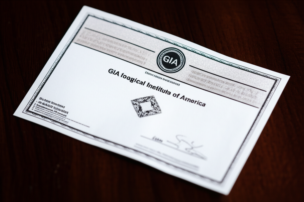 Giấy chứng nhận kim cương GIA cận cảnh, hiển thị các thông số kỹ thuật.
