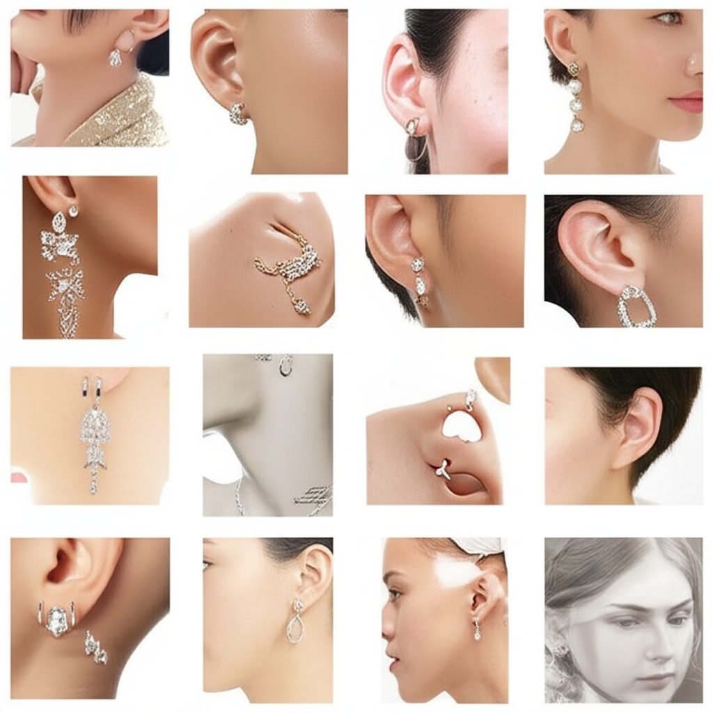 Ảnh ghép các kiểu bông tai khác nhau trên manơcanh với các dáng khuôn mặt tròn, vuông, trái xoan.