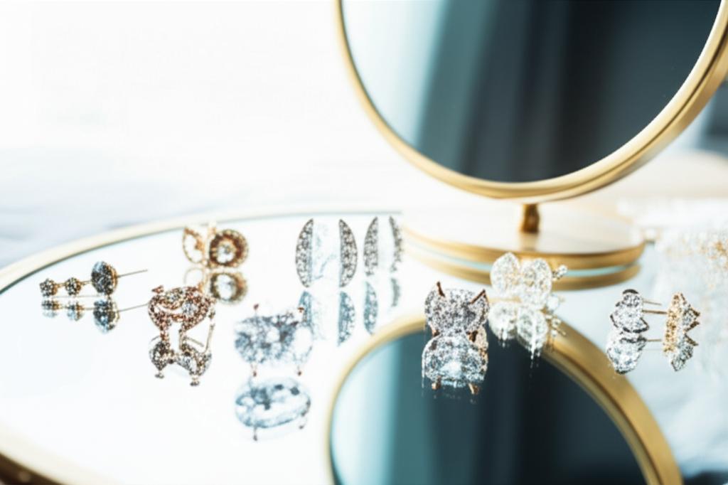 Hình ảnh bàn trang điểm với gương và nhiều bông tai kim cương, gợi ý việc lựa chọn trang sức.