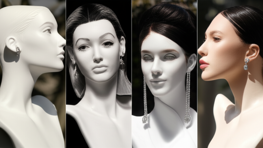 Ảnh chụp các kiểu bông tai kim cương khác nhau được trưng bày trên các manocanh có hình dạng khuôn mặt khác nhau.
