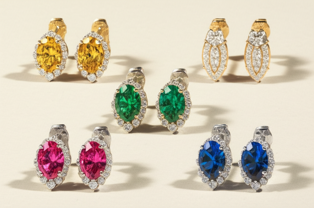 Chọn bông tai kim cương theo phong thủy với bông tai phong thủy 4 Hình ảnh năm đôi bông tai kim cương khác nhau, mỗi đôi có kiểu dáng và màu sắc riêng biệt, được sắp xếp theo ngũ hành.