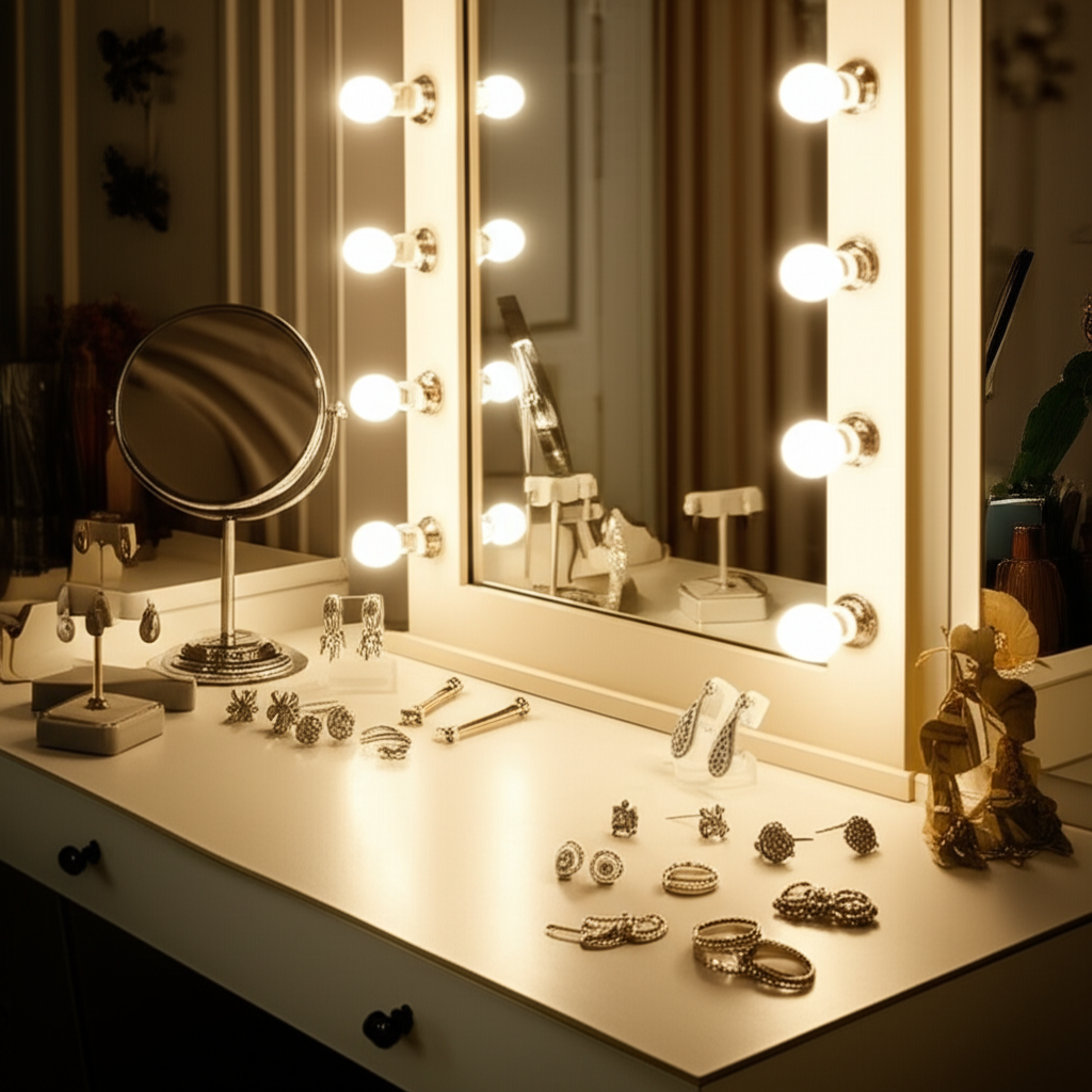 Hình ảnh bàn trang điểm với gương và các loại bông tai kim cương khác nhau, tạo không gian ấm cúng.