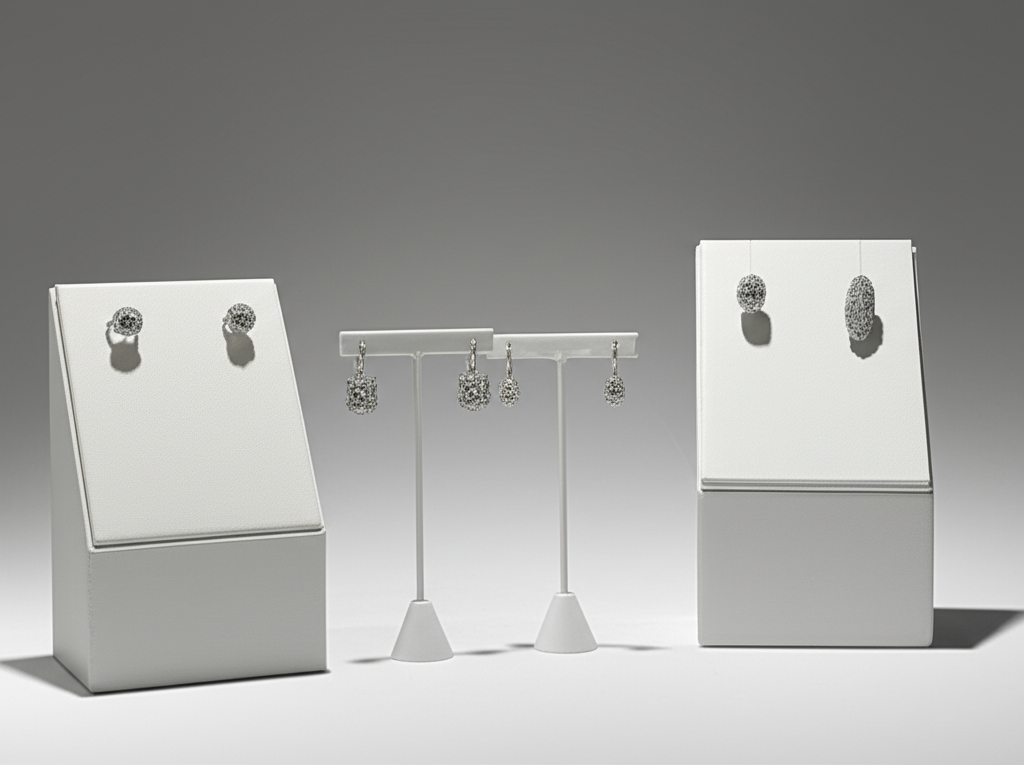 Hình ảnh trưng bày bốn loại bông tai kim cương khác nhau, mỗi loại được thiết kế phù hợp với một dáng khuôn mặt: tròn, vuông, trái xoan và dài.