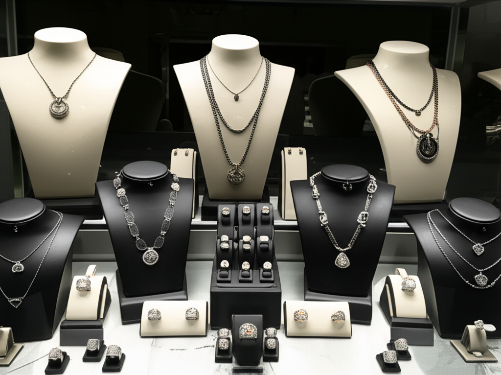 Tuyển chọn trang sức kim cương nam (nhẫn, dây chuyền, vòng tay, bông tai) trưng bày trên ma-nơ-canh.