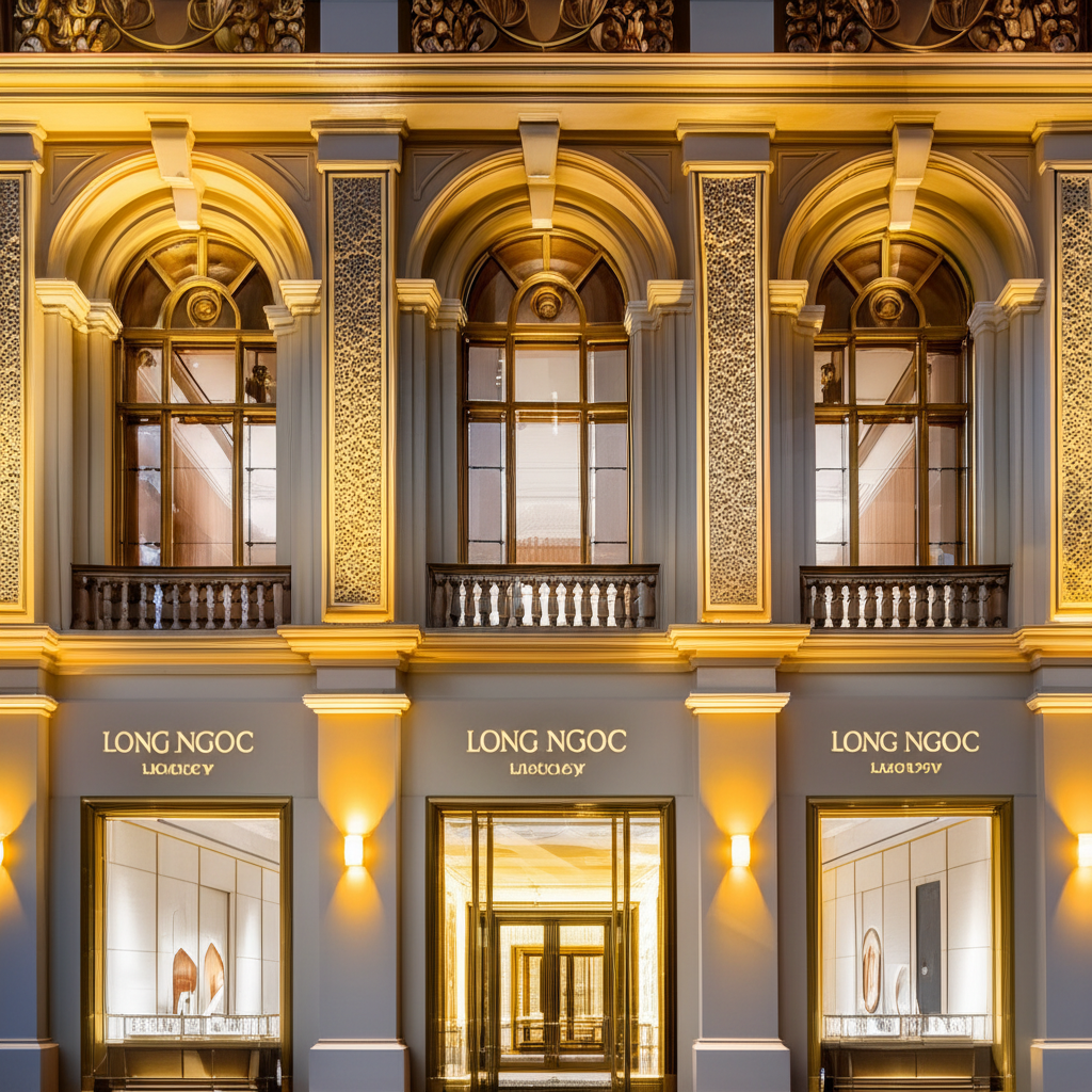 Ảnh mặt tiền showroom Long Ngọc Luxury với trang sức kim cương lấp lánh.