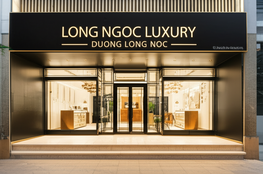 Ảnh mặt tiền cửa hàng Long Ngọc Luxury với bảng hiệu nổi bật và ánh sáng ấm áp.